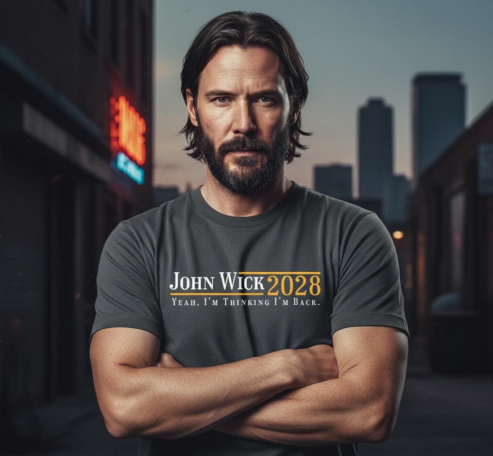 Person wearing a t-shirt with 'John Wick 2028' text and a dark background