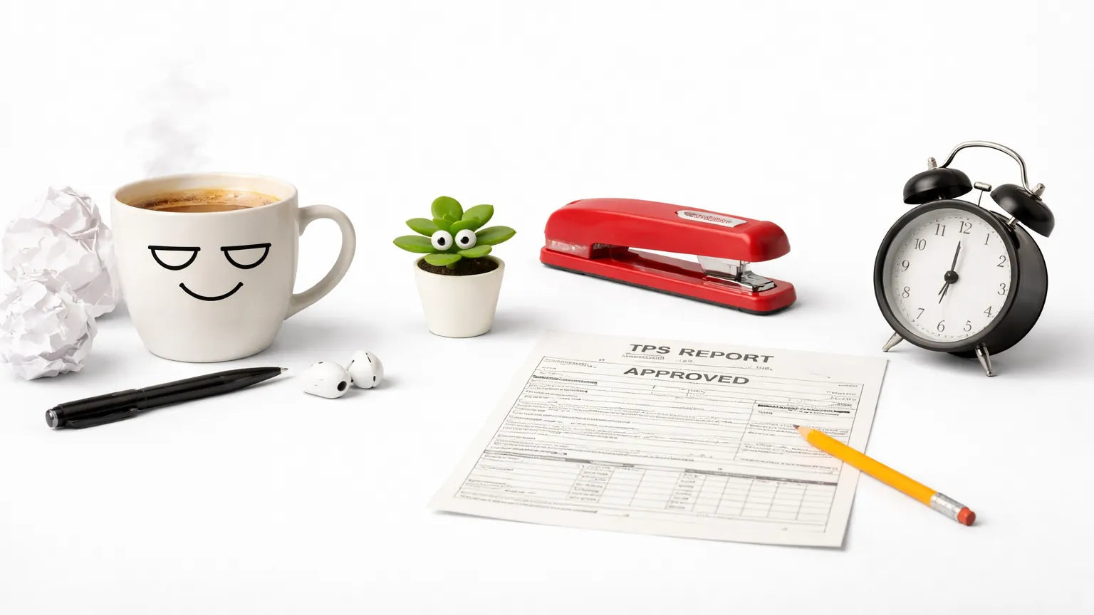 Desk with coffee cup, plant, stapler, clock, and documents on a white background